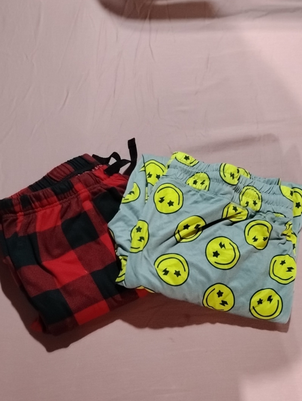 Womens Red Plaid and Yellow Smile Face Pajama Bottoms - Unbranded